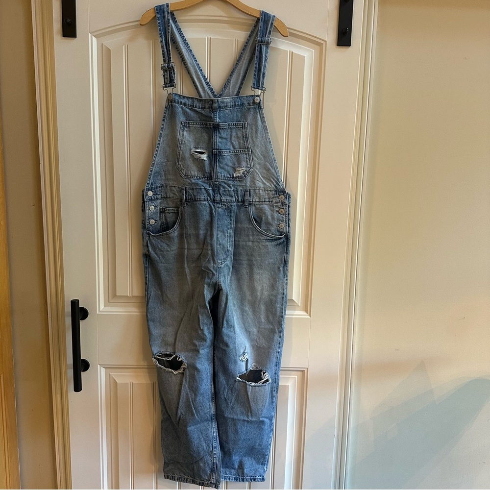 We The Free Light Blue Distressed Denim Overalls